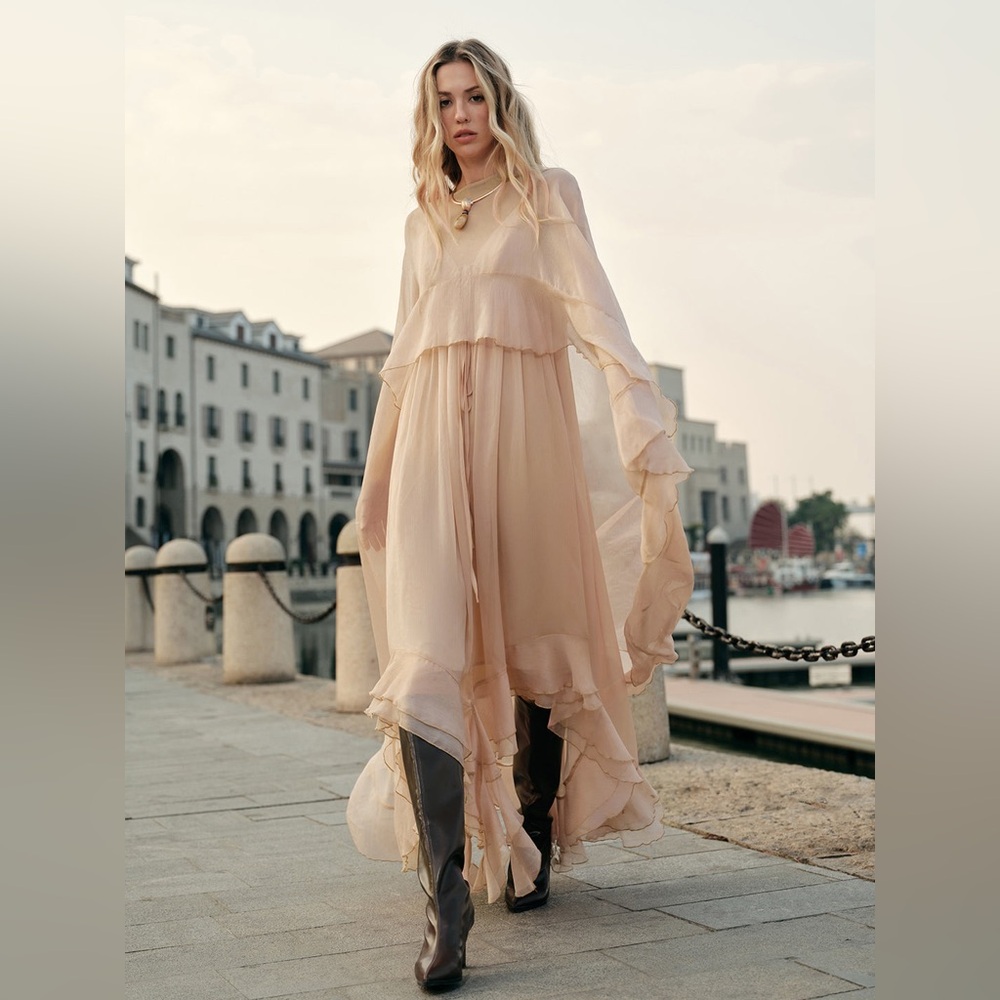 Commense Sheer Layered Maxi Dress in Pale Peach